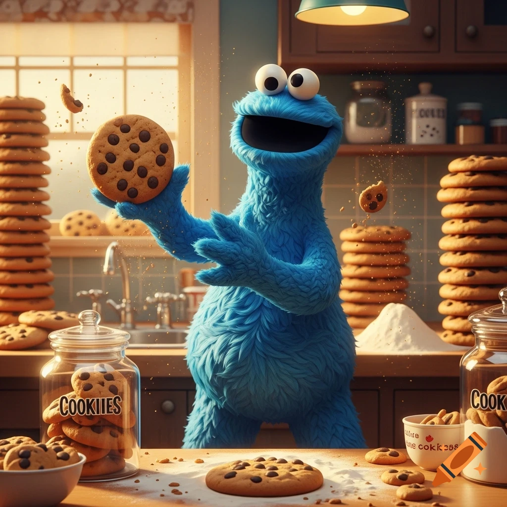 Cookie Monster stands in a kitchen surrounded by stacks of cookies and flour, holding a chocolate chip cookie.