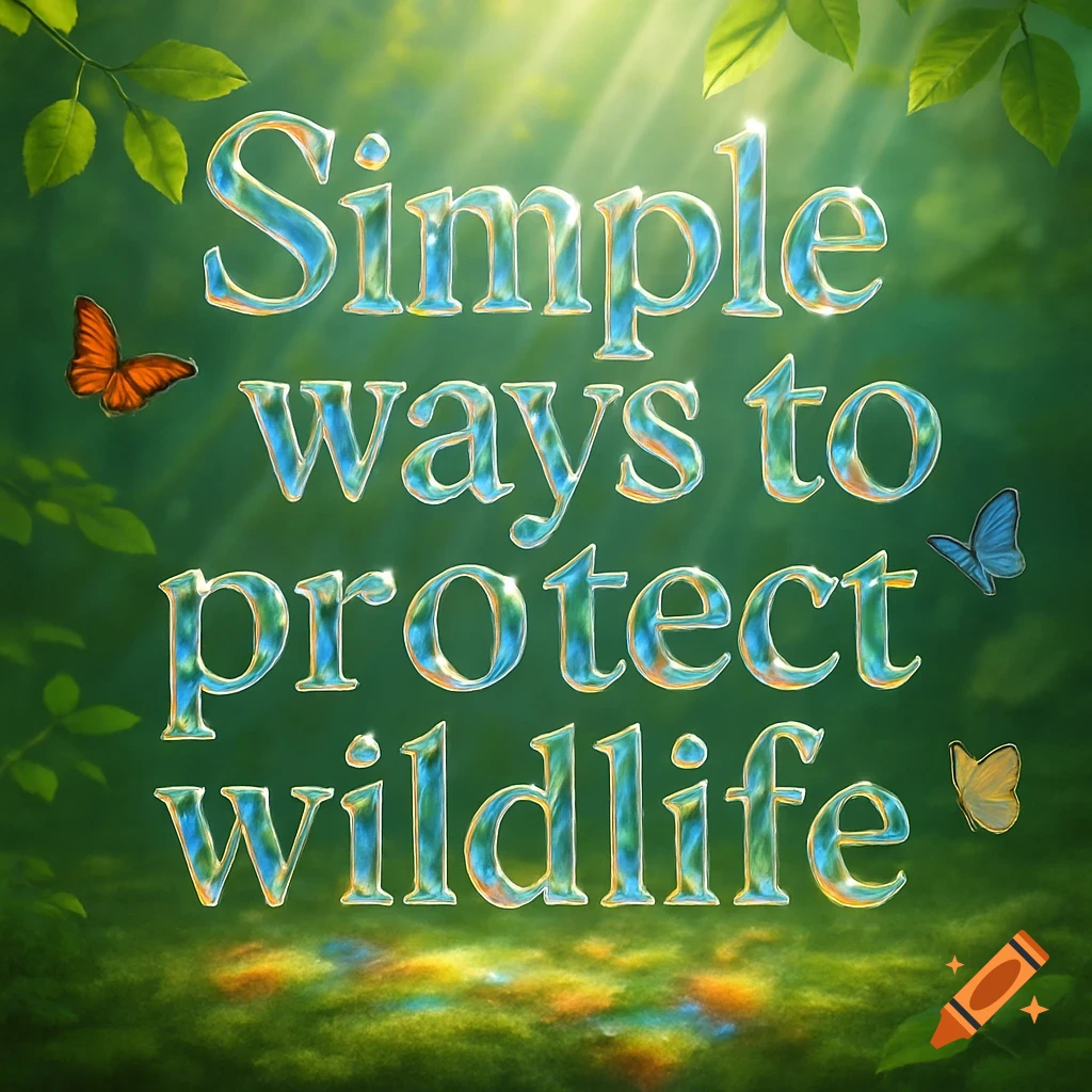 Crystal text reading 'Simple ways to protect wildlife' in a sunlit green forest scene with butterflies.