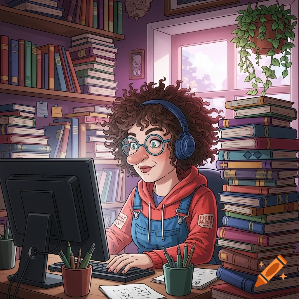 Cartoon illustration of a curly-haired woman with glasses and headphones working on a computer in a book-filled study.
