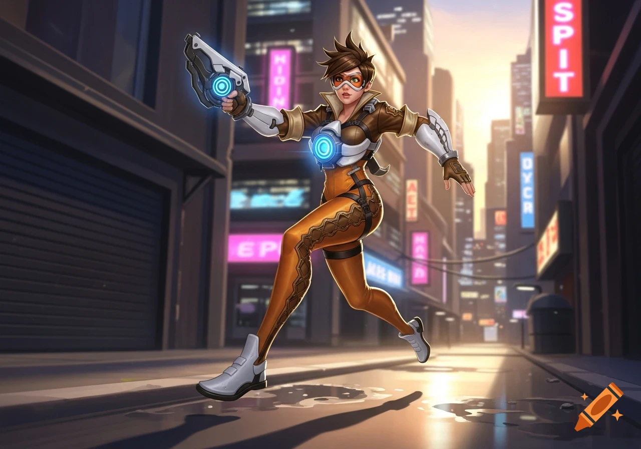 Tracer from Overwatch running forward with a futuristic pistol in a neon-lit city at sunset.
