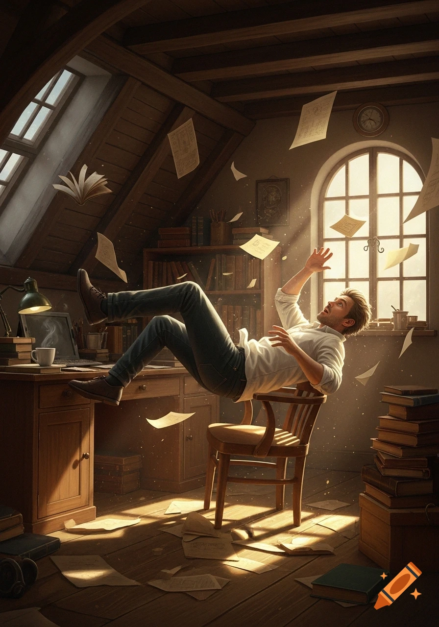 A man falls backward from a chair in a sunlit attic study, surrounded by floating papers and books.