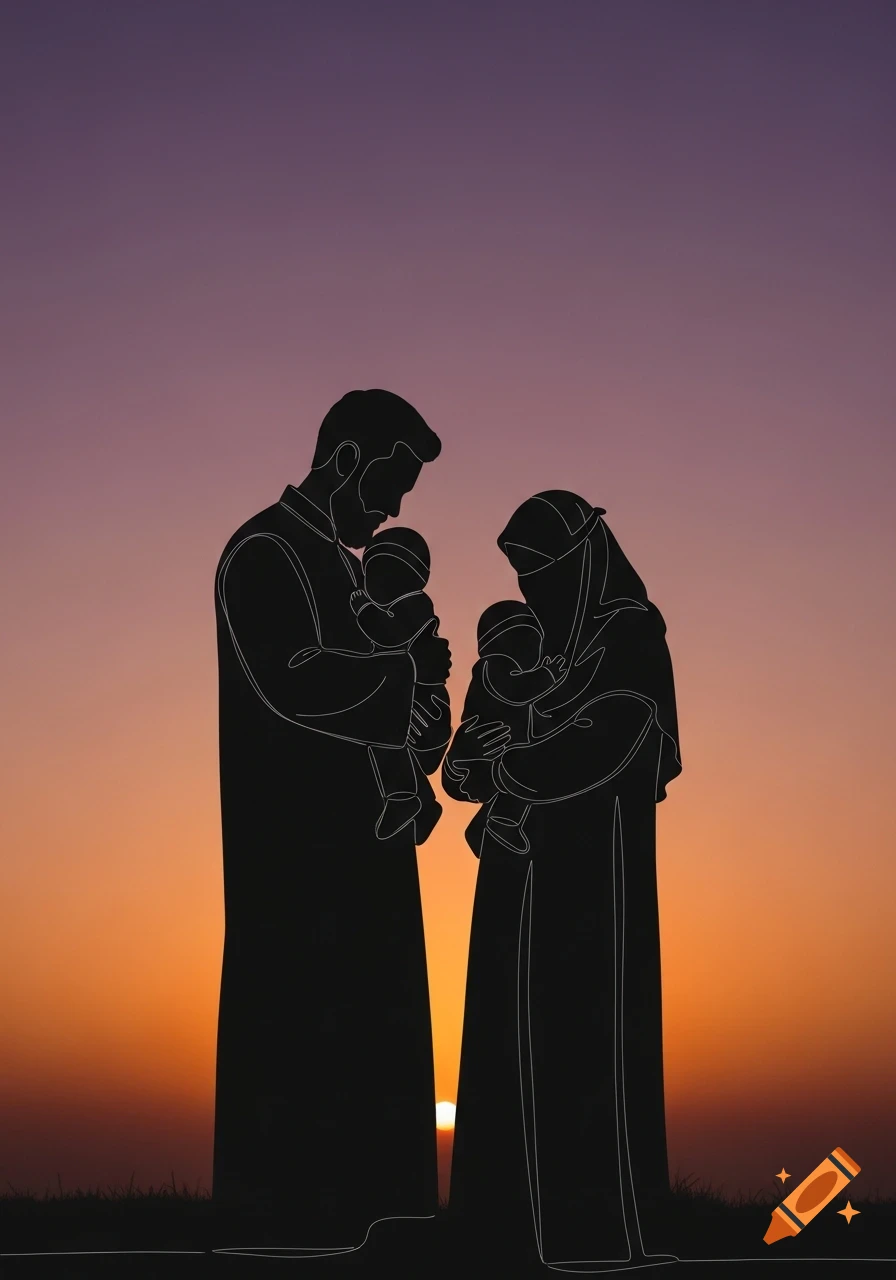 Silhouette of a man and a woman in traditional attire, each holding a baby, against a gradient sunset sky.