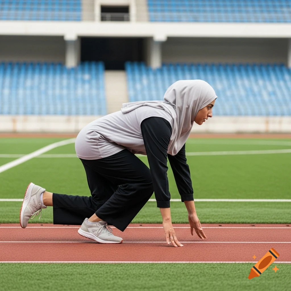 A woman in a hijab in a sprinter's starting position on a stadium running track.