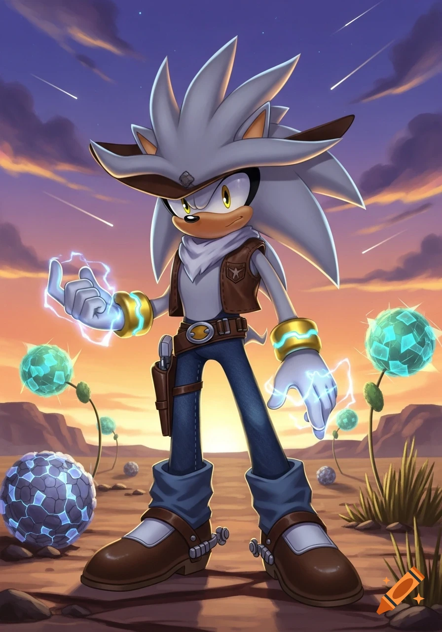 Silver the Hedgehog as a cowboy, wielding powers in a desert at sunset with glowing plants and shooting stars.
