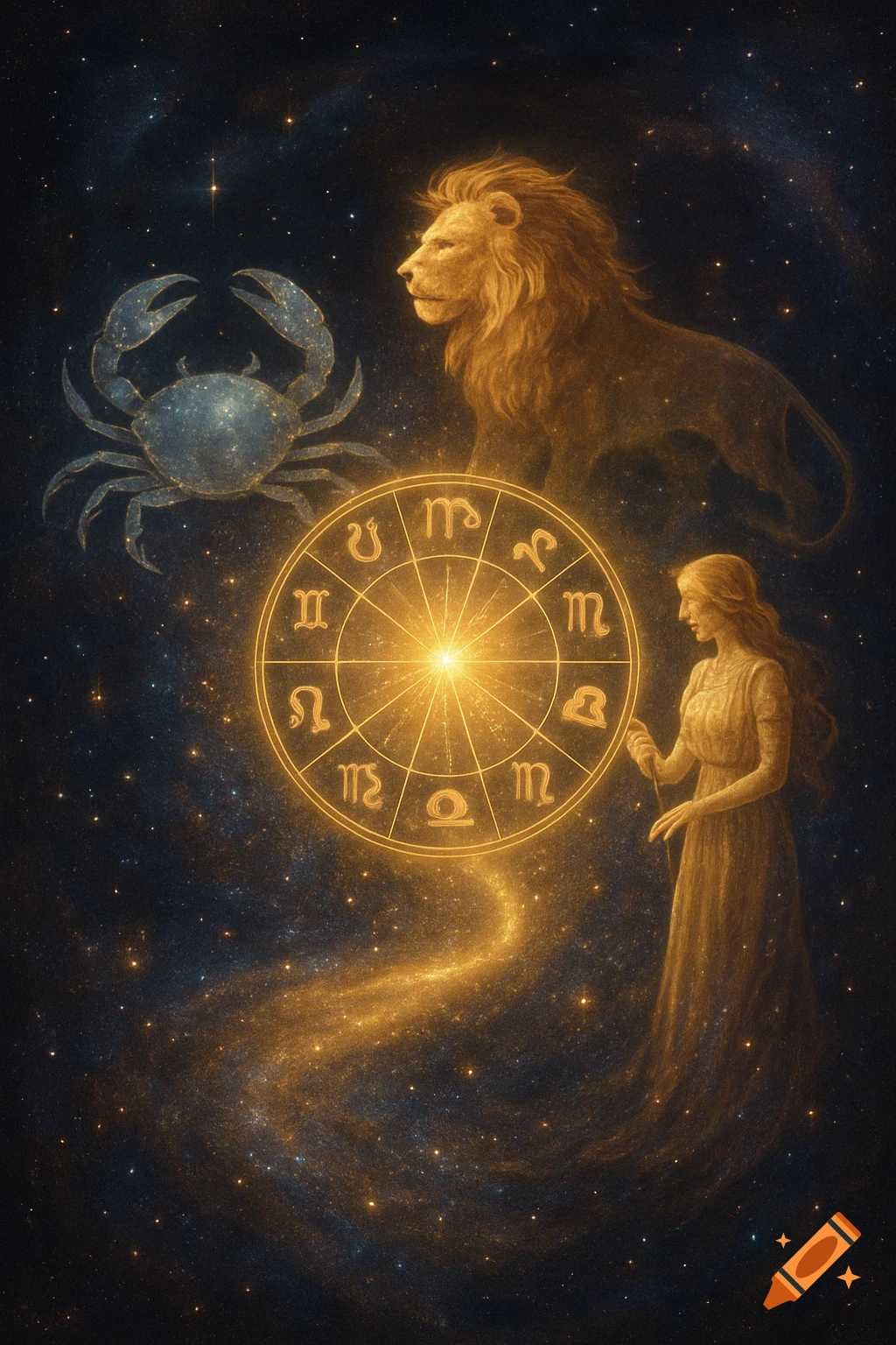 A celestial scene with a glowing gold zodiac wheel, a blue crab, a golden lion, and a woman against a starry, dark blue background.