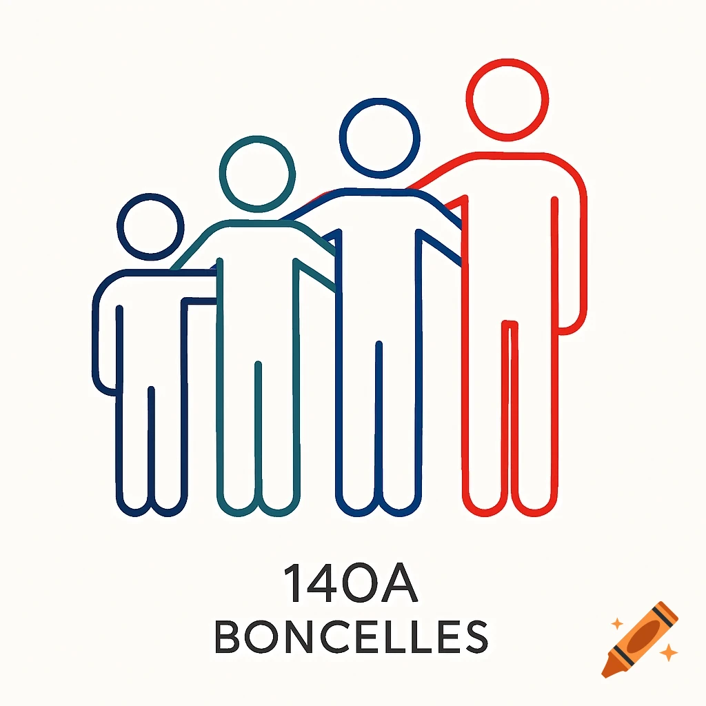 Minimalist flat design illustration of four stick figures of increasing height, in blue, green, and red, standing shoulder-to-shoulder with text '140A BONCELLES' below.