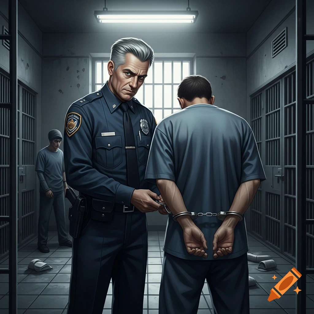 An older police officer with grey hair handcuffs a prisoner from behind in a dimly lit jail cell block.