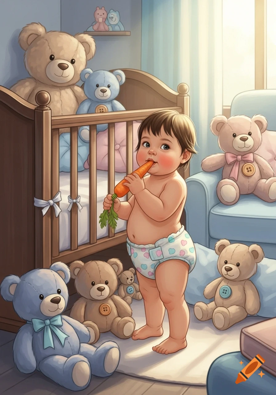 A cute baby in a diaper stands in a nursery filled with teddy bears, holding a carrot to its mouth.