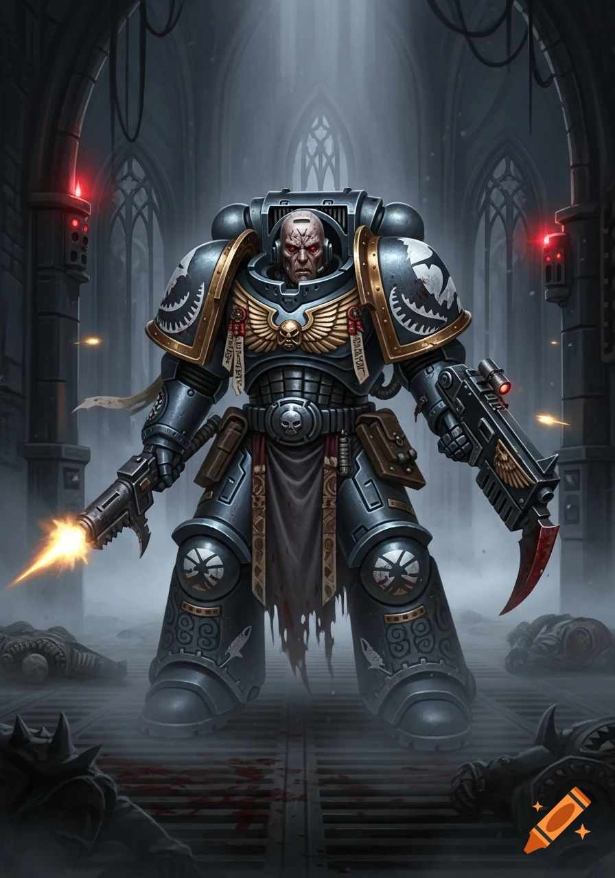 A heavily armored Space Marine warrior stands in a grimdark, gothic voidship interior with fallen enemies and blood. He holds two weapons, one firing.