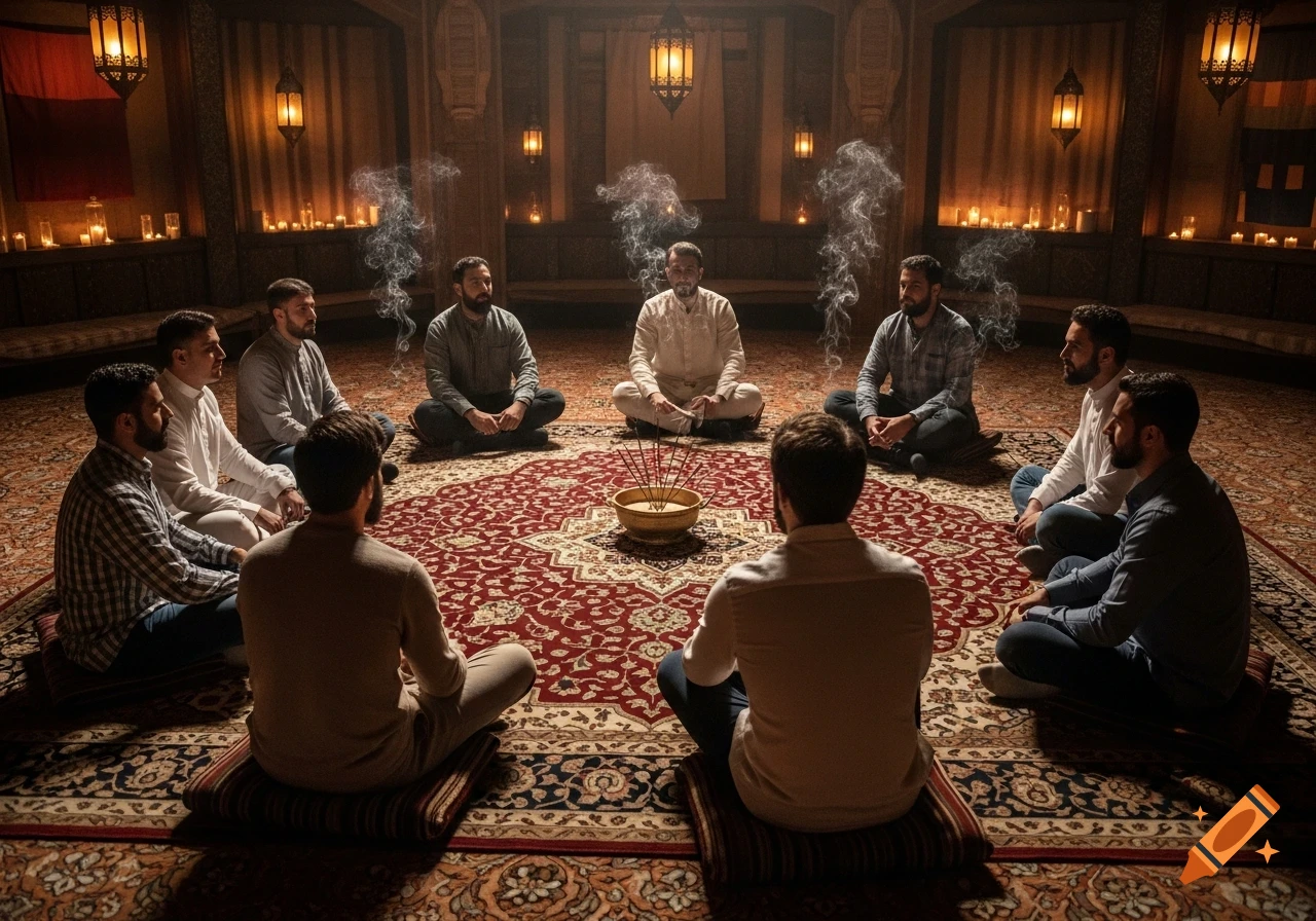 Photorealistic image of men sitting in a circle on a patterned rug in a warm, dimly lit room with lanterns and burning incense.