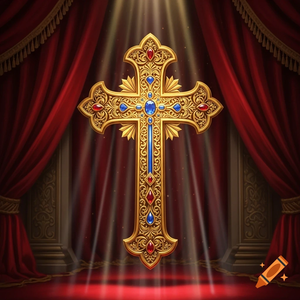 An ornate golden cross with red and blue jewels stands before rich red velvet curtains, illuminated by beams of light.