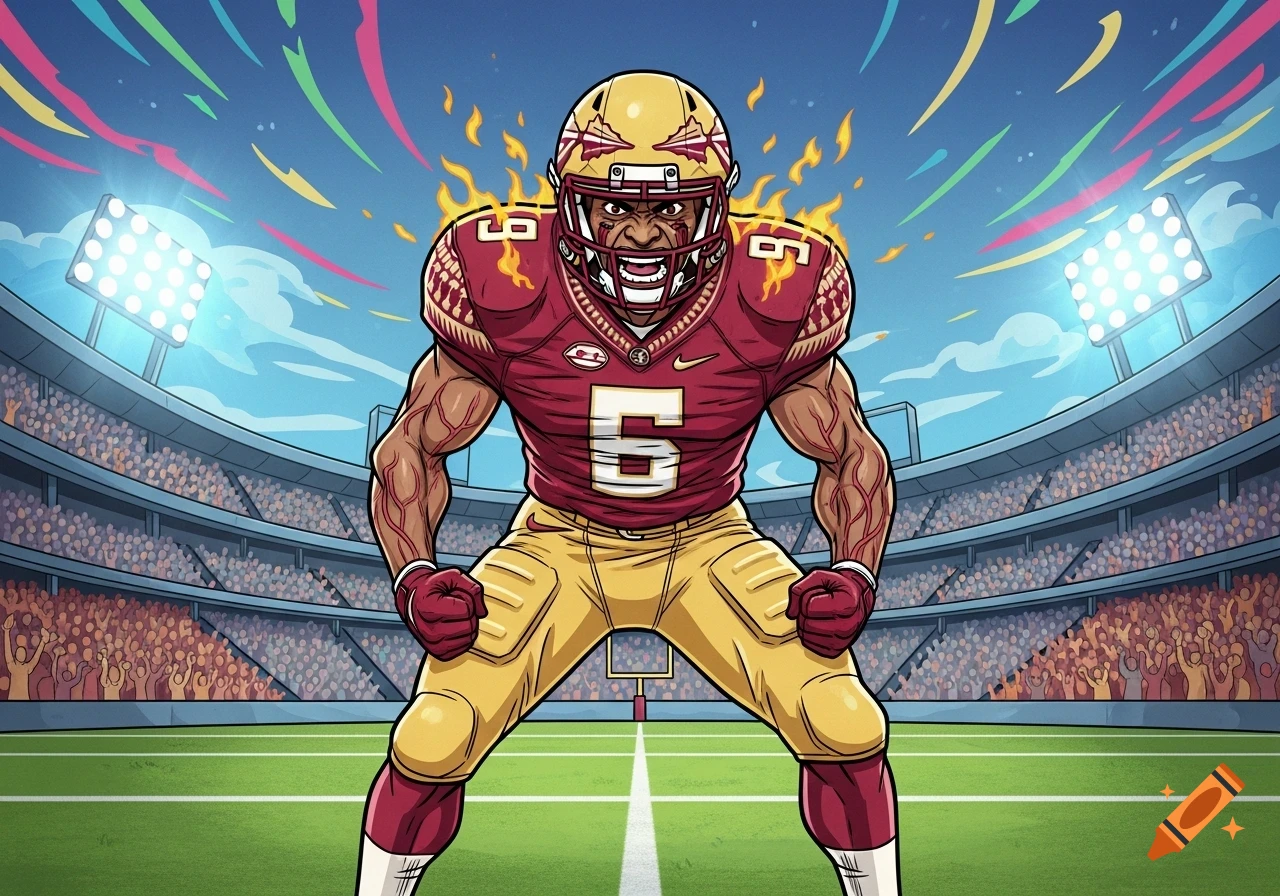 An angry cartoon Florida State football player in a stadium, wearing a number 6 jersey, with flames around his head.