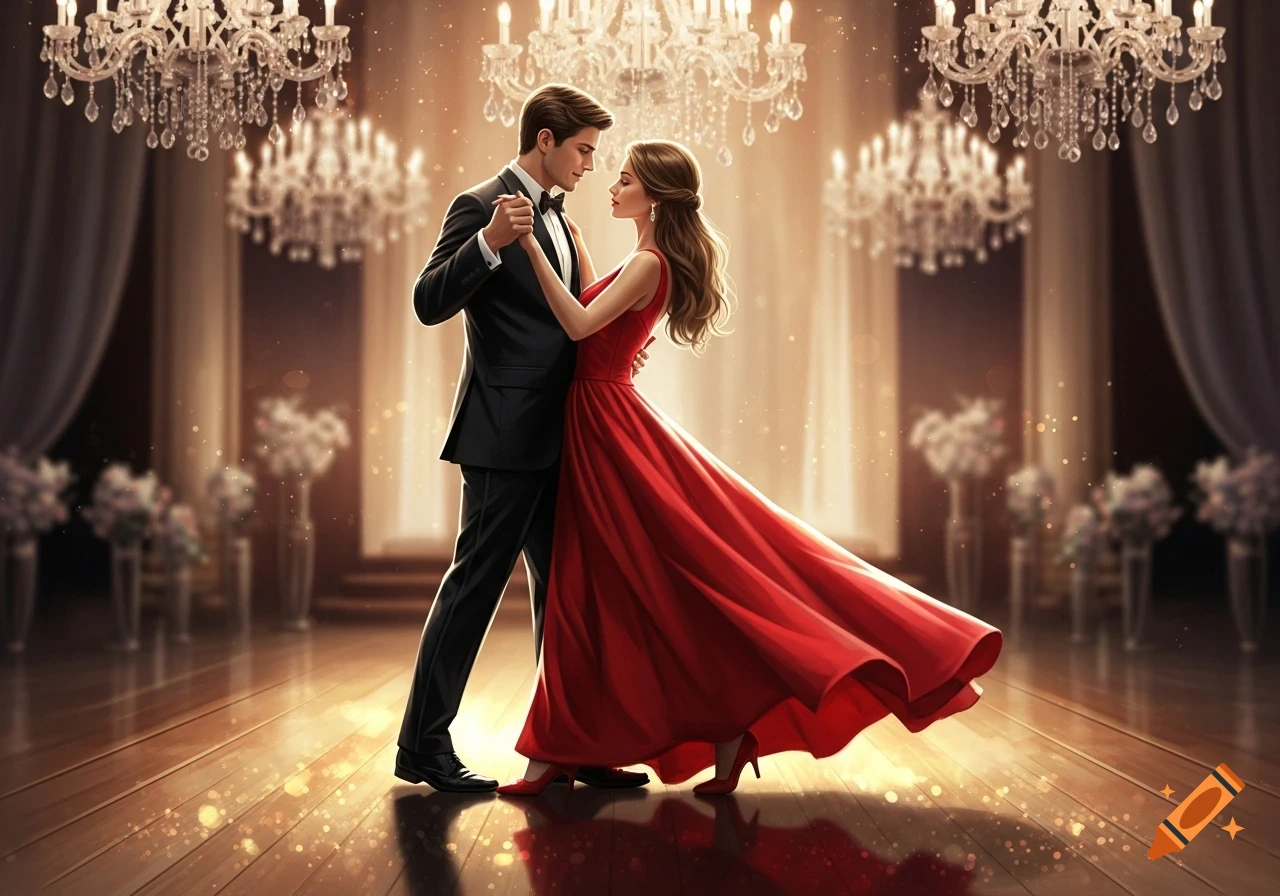 A man in a black tuxedo and a woman in a flowing red gown slow dance under sparkling chandeliers in a grand ballroom.