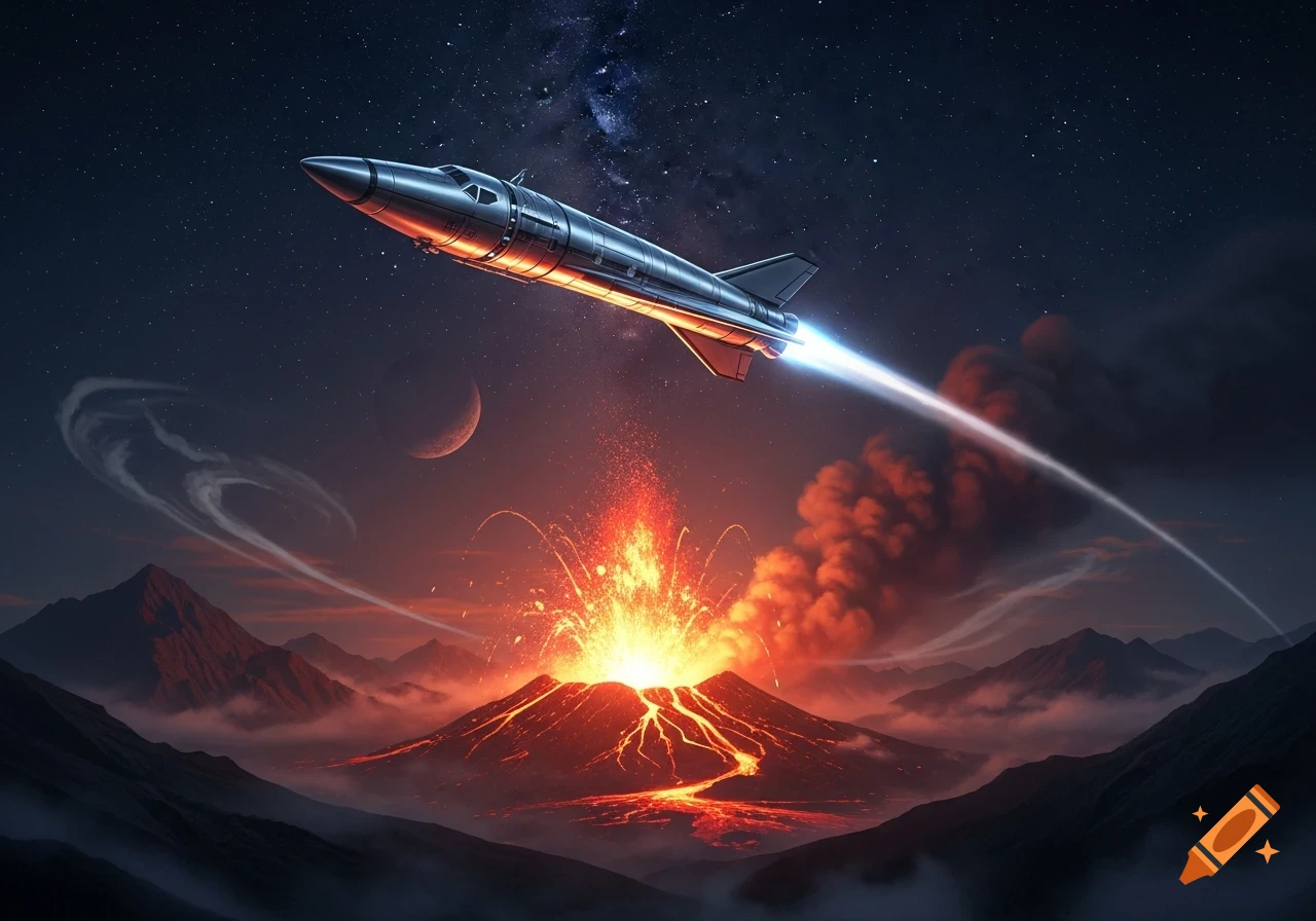 A sleek silver rocket with a bright blue exhaust plume flies past an erupting volcano with glowing orange lava under a starry night sky and crescent moon.