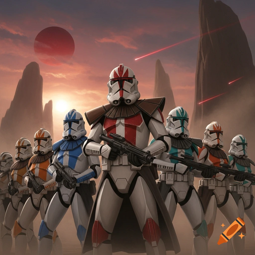 Star Wars clone troopers with red, blue, and orange markings stand on a desert planet under a red sun. Digital art.