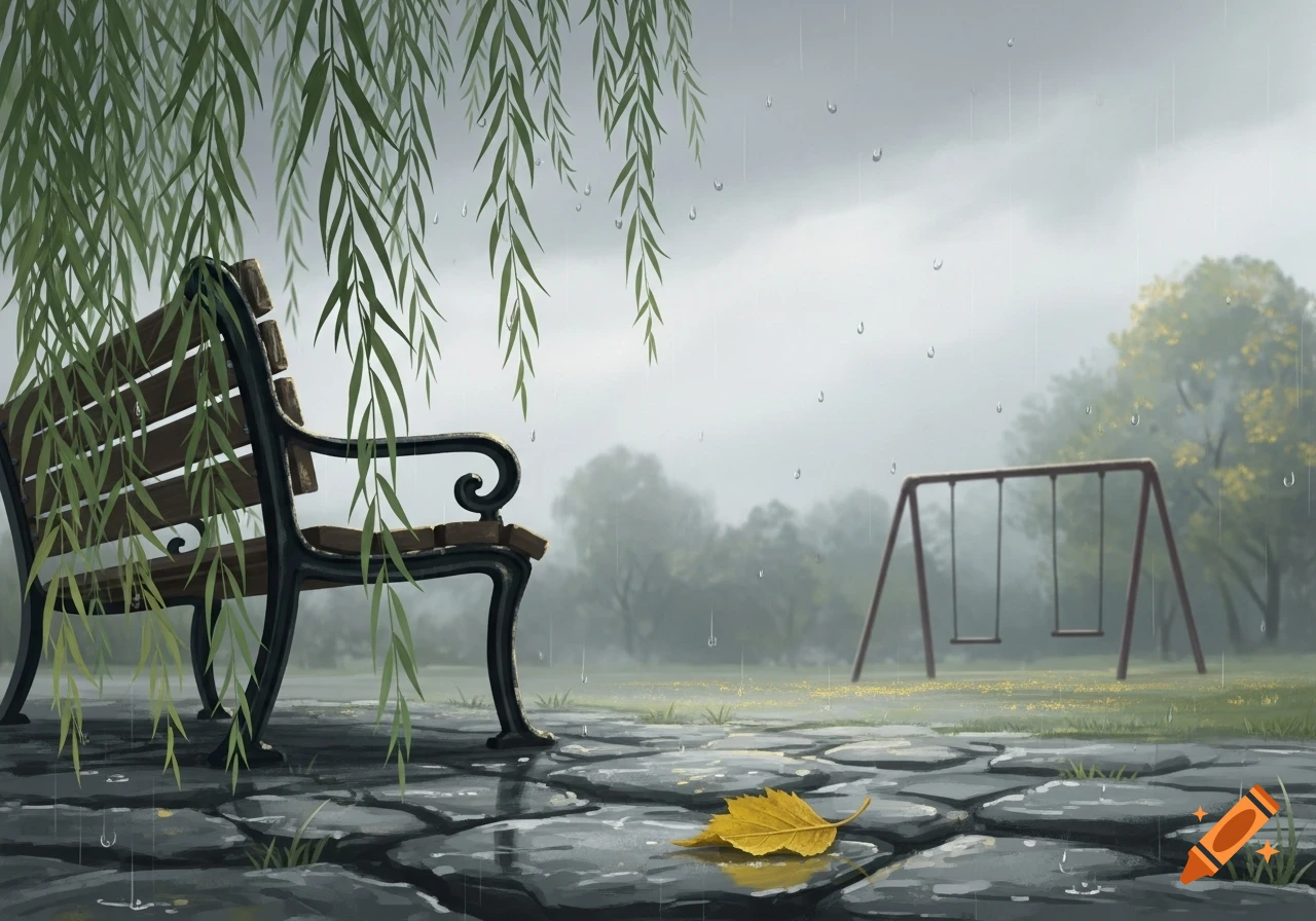 A rainy park scene with a wooden bench under a willow tree, a yellow leaf on wet pavement, and a swing set in the background. Illustration style.