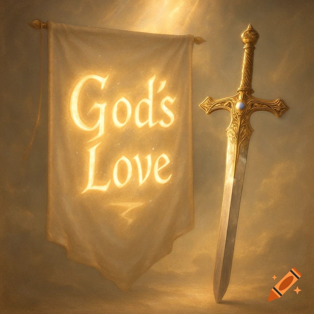 An ornate golden sword stands next to a glowing banner that reads "God's Love" in a warm, ethereal light.