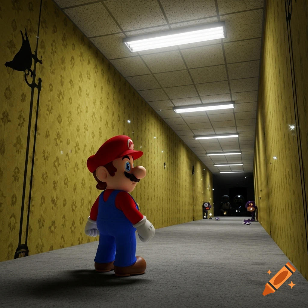 Mario stands in a long, narrow hallway with yellow patterned wallpaper and fluorescent lights, looking at shadowy figures in the distance.