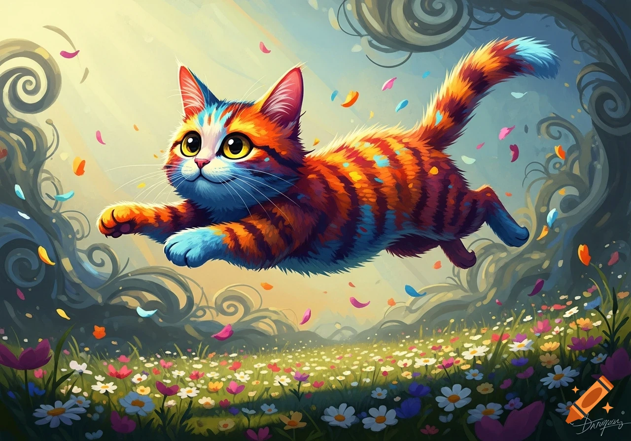 A whimsical, brightly colored orange and blue striped cat leaps over a vibrant field of flowers, with swirling trees in a cartoon style.