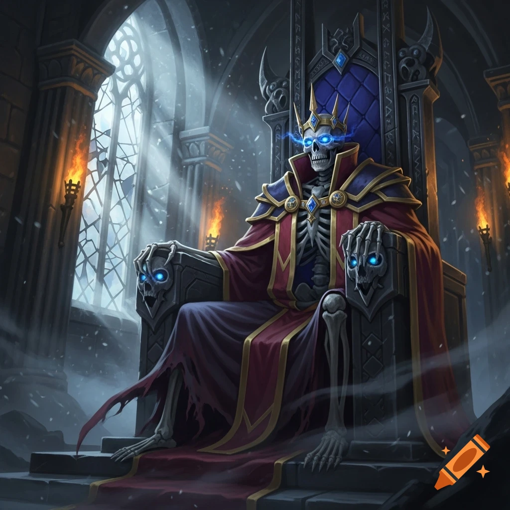 A skeletal king with glowing blue eyes sits on an ornate stone throne in a dark, snowy castle chamber.