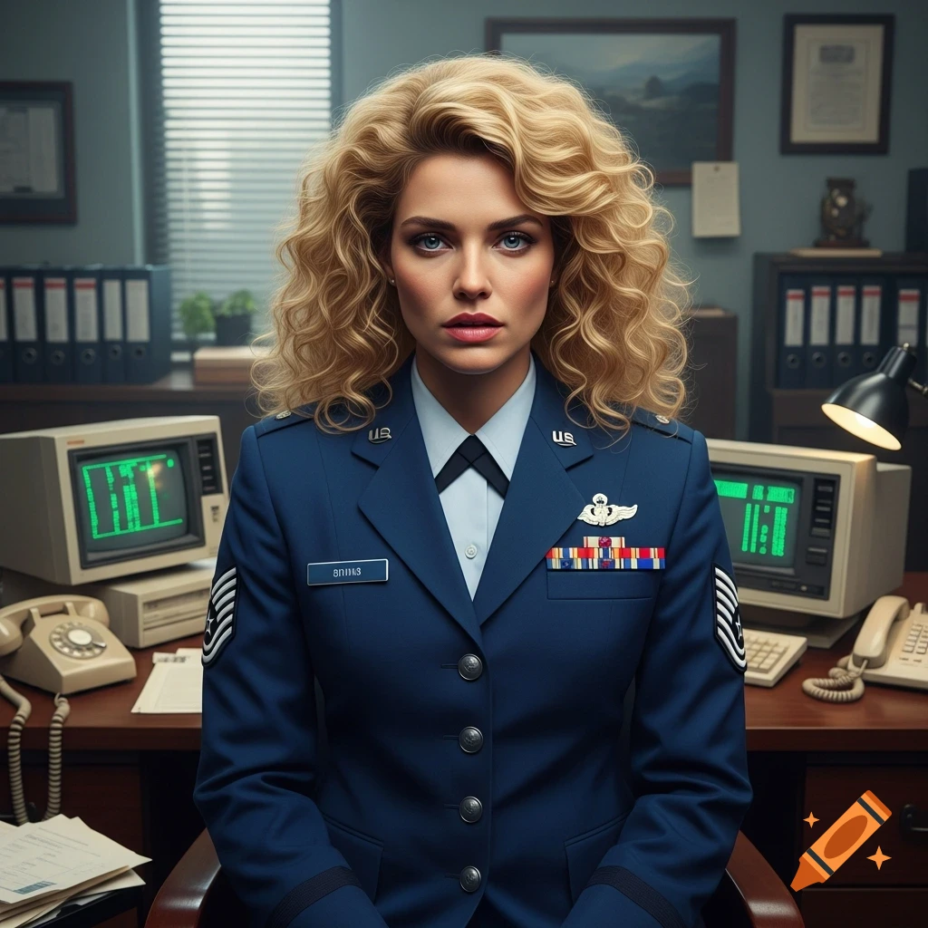 A blonde woman in an Air Force uniform with medals sits at an 80s office desk with vintage computers and telephones, looking somber.