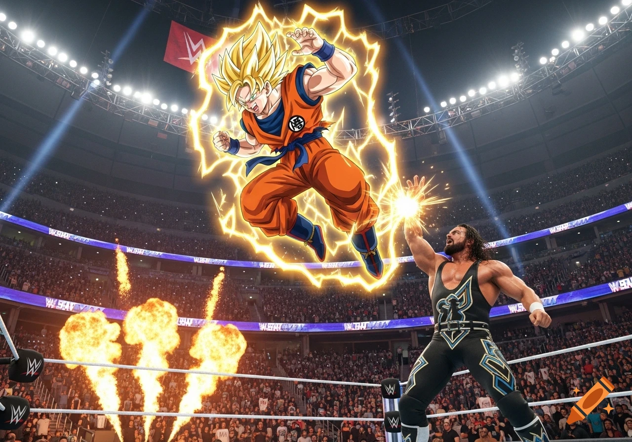 Goku in Super Saiyan form hovers in a wrestling ring, facing a muscular wrestler as flames erupt and an audience watches.