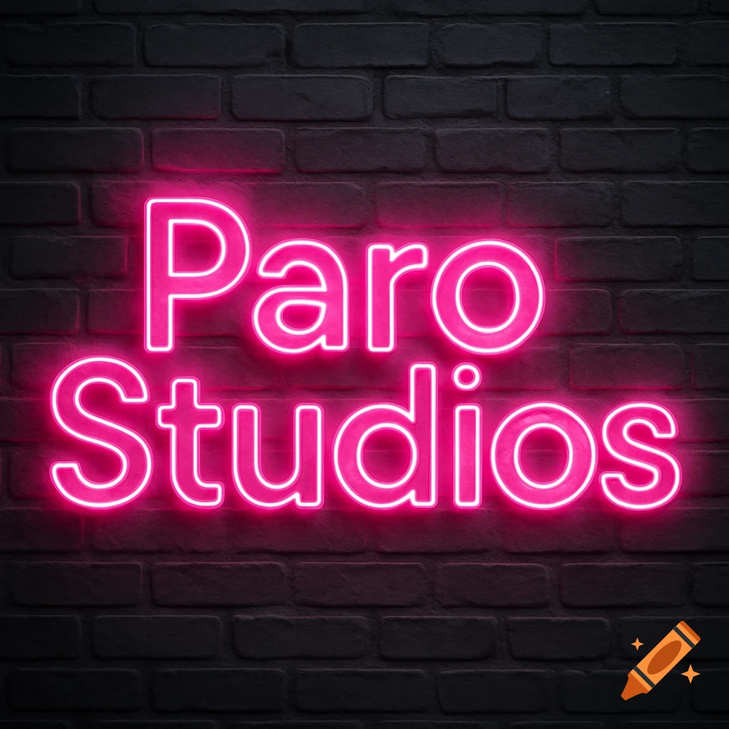 Pink neon sign reading "Paro Studios" against a dark grey brick wall.