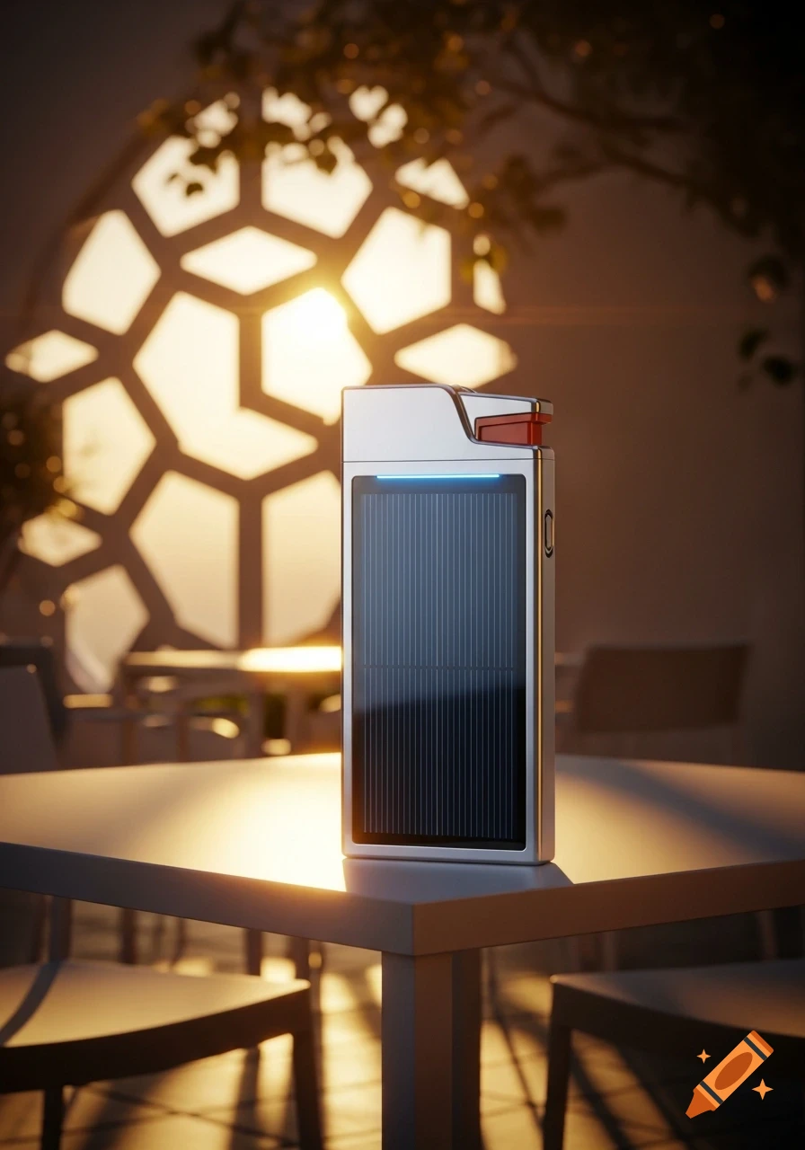 A sleek, silver solar-powered lighter with a blue light stands on a table at sunset, with a geometric window pattern in the background.