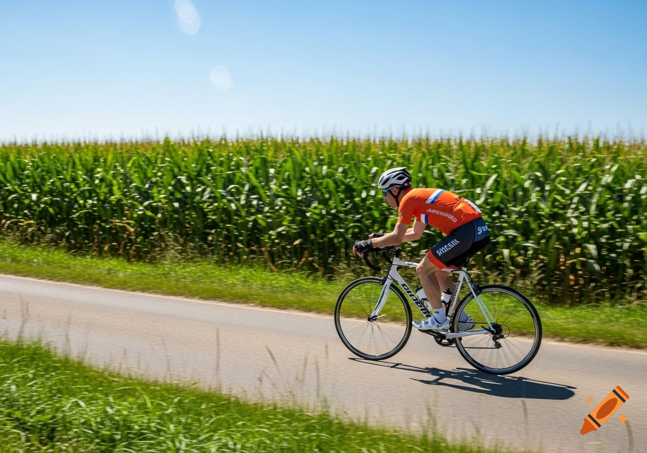 A cyclist in an orange jersey rides a white bike on a sunny road alongside a green cornfield.