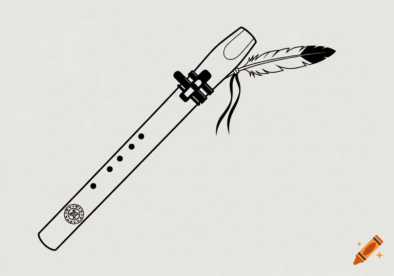 Black and white line art of a Native American flute with holes, a feather, and a decorative totem symbol.