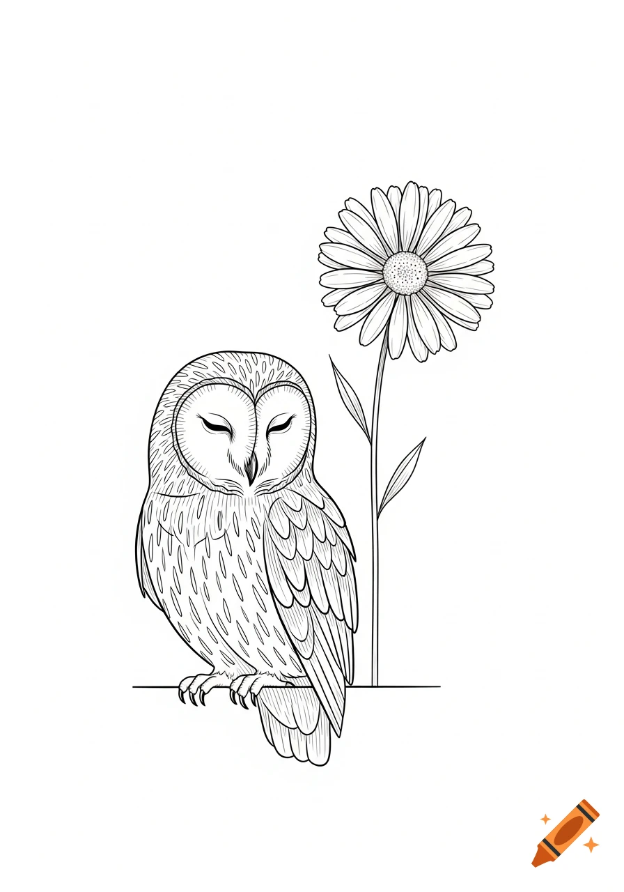 Minimalist black and white line art of a barn owl with closed eyes next to a daisy flower.