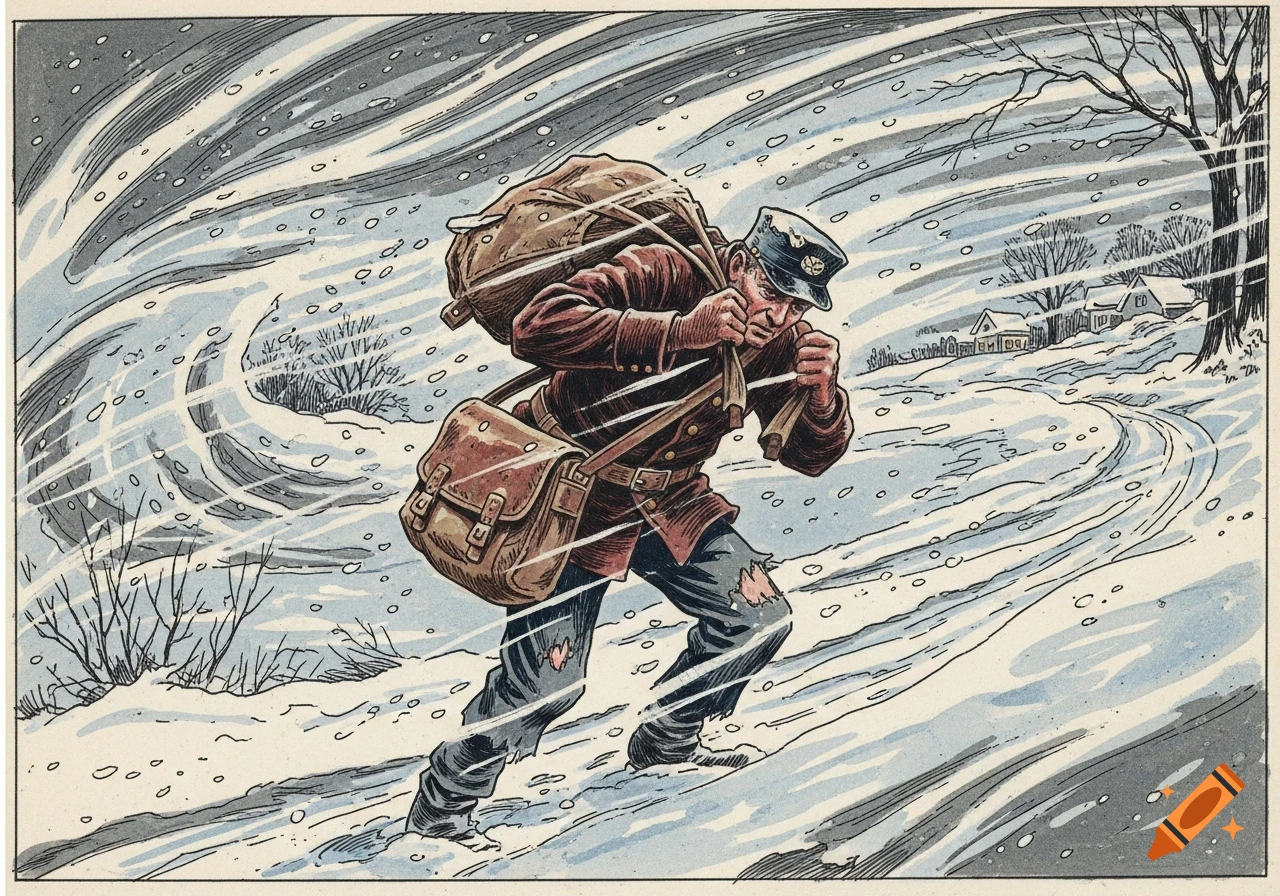 A mailman struggles through a blizzard on a snowy path, rendered in a vintage ink drawing style.