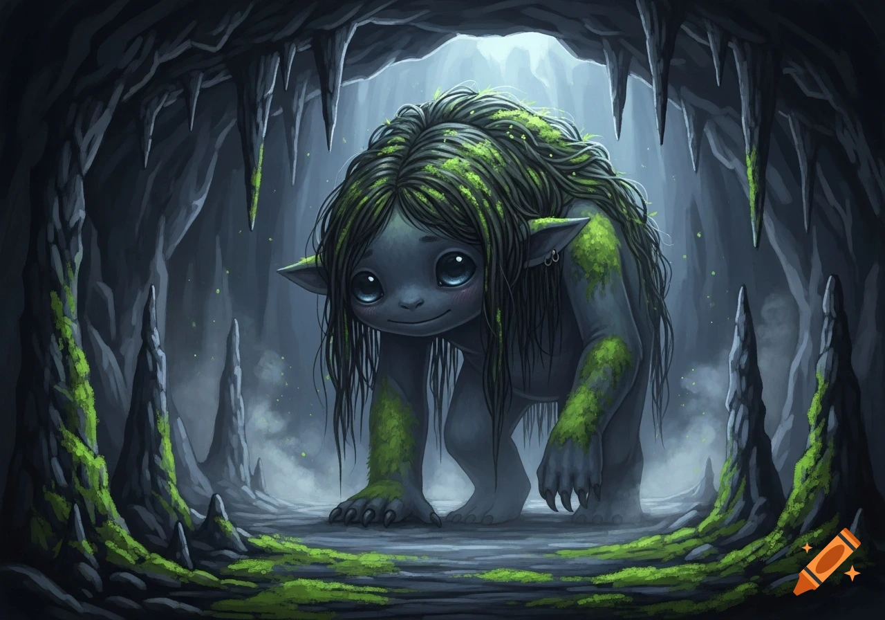 A moss-covered cave creature with long dark hair, big blue eyes, and a timid smile, in a dark fantasy cave with stalactites.