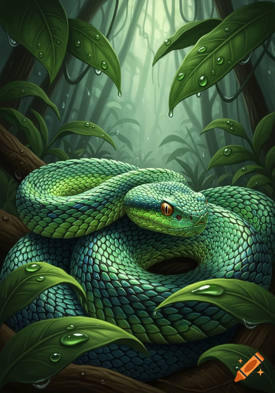 A vibrant green viper with orange eyes coiled on a branch amidst lush jungle leaves with water droplets.