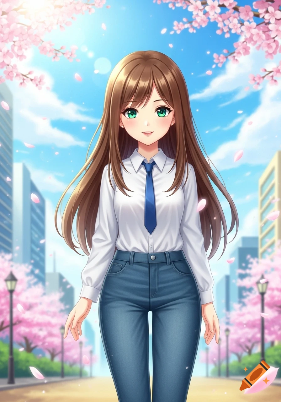 An anime girl with long brown hair and green eyes, wearing a white shirt, blue tie, and jeans, smiles while walking on a sakura-lined city street.