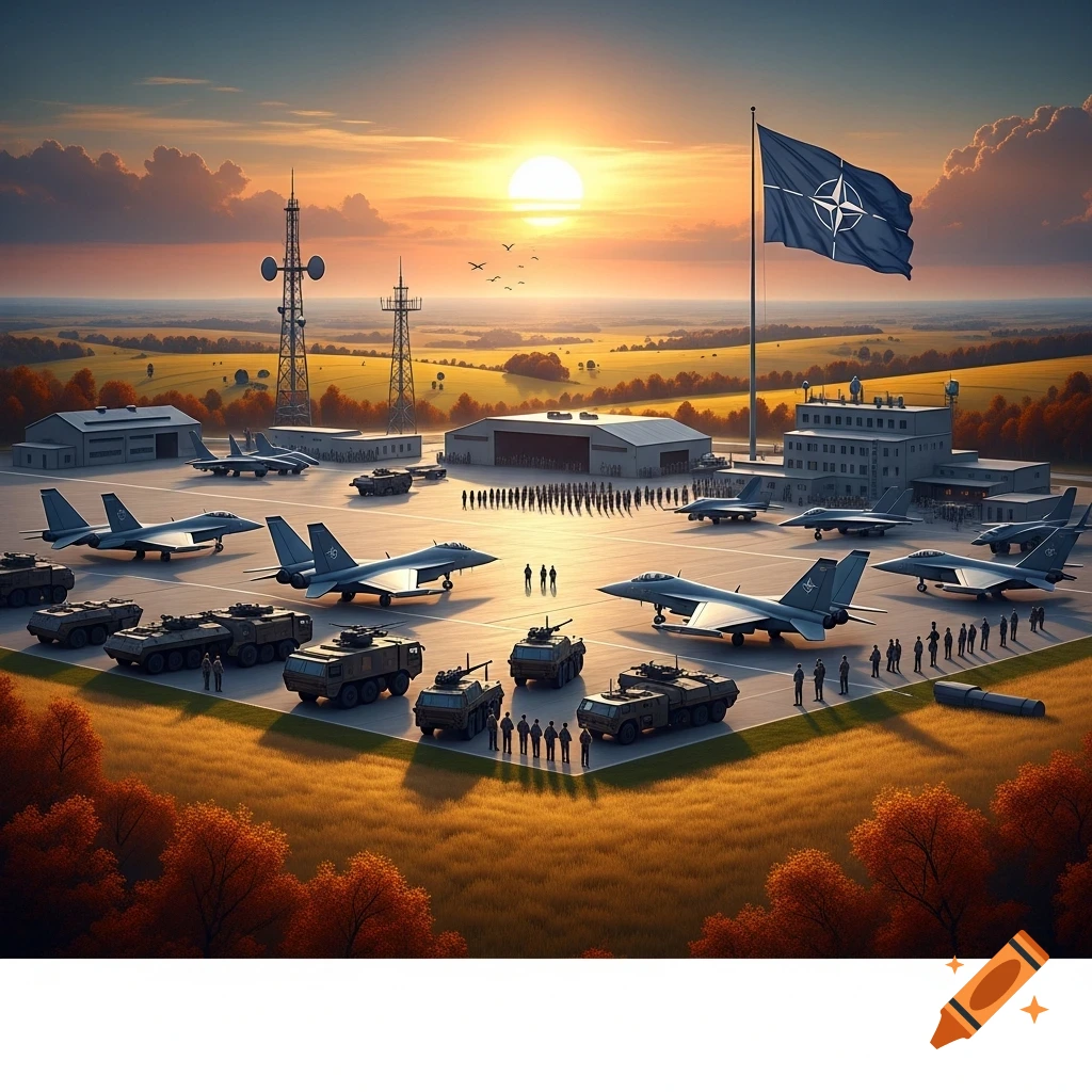 Photorealistic image of a NATO military base at sunset with fighter jets, armored vehicles, and soldiers on the tarmac.