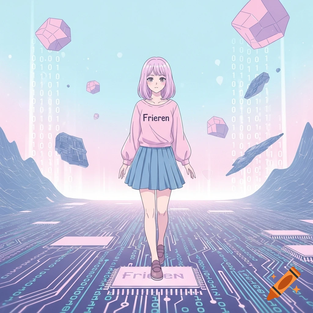 An anime girl with pink hair walks on a circuit board path in a pastel digital landscape with floating geometric shapes and binary code.
