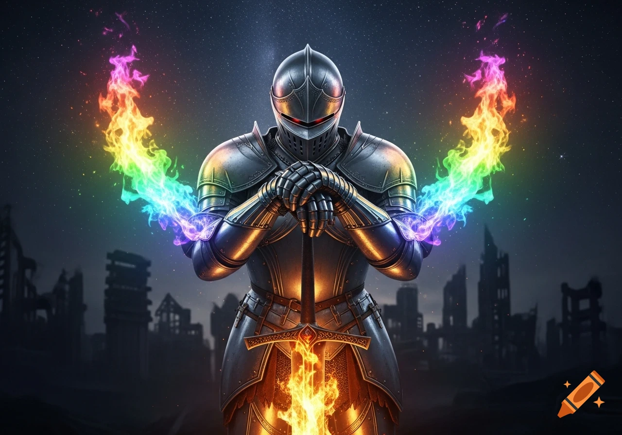 A photorealistic knight in silver armor holds a sword with rainbow-colored flames against a starry night sky and an apocalyptic city background.
