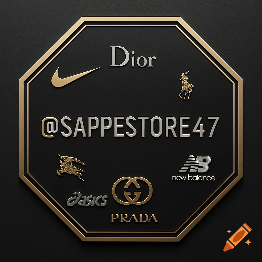 A dark octagonal emblem with a gold trim features various prominent brand logos like Nike, Dior, Gucci, and the text "@SAPPESTORE47" in silver.