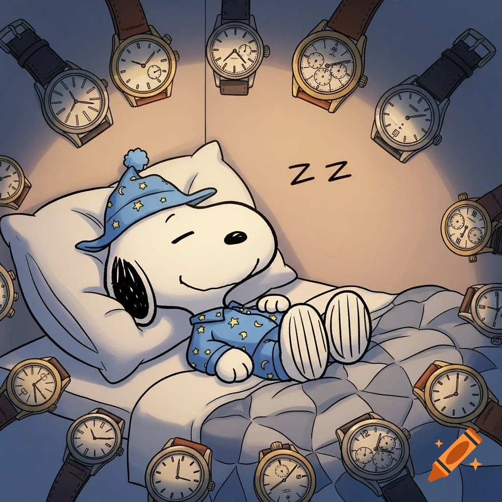Snoopy sleeps soundly in blue star pajamas and a nightcap, surrounded by many watches hanging on the wall around his bed.