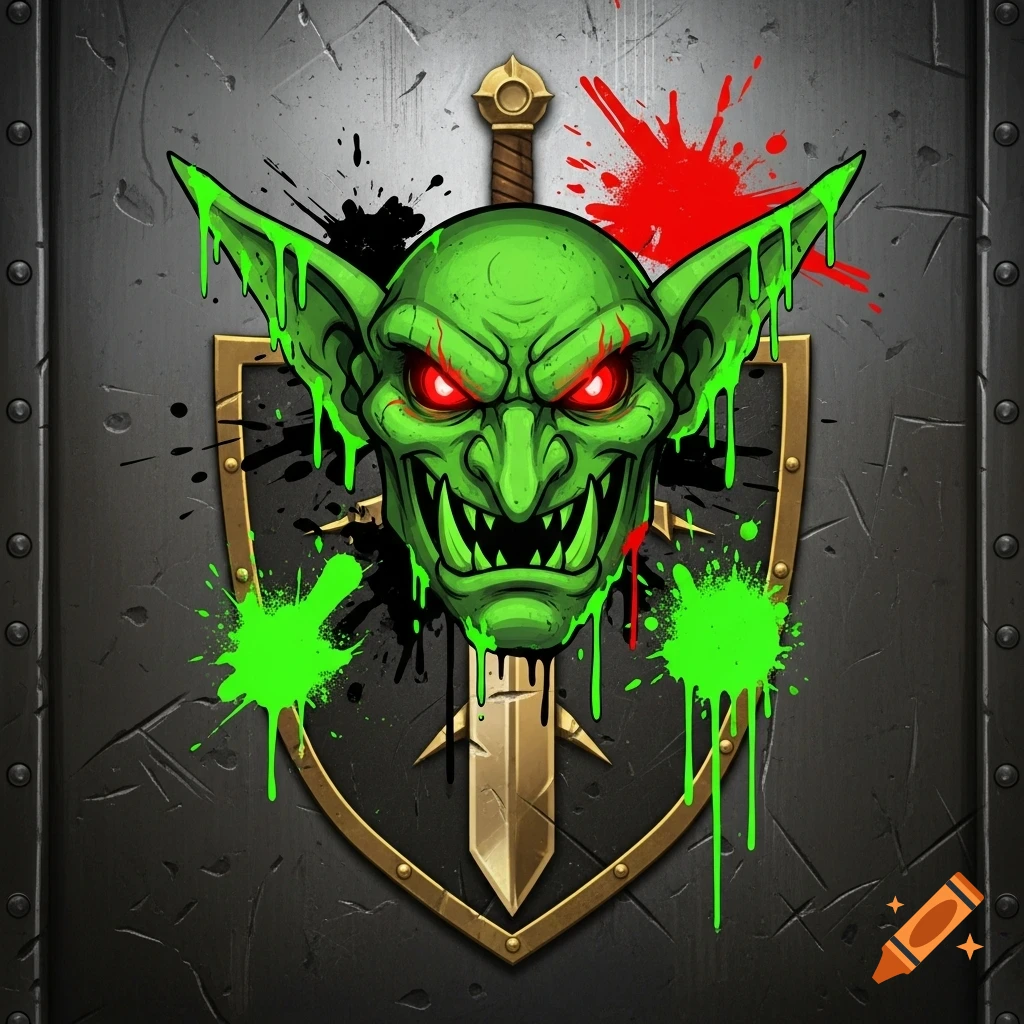 Stylized green goblin head with red eyes over a sword and gold shield, with colorful paint splatters on a dark metal background.