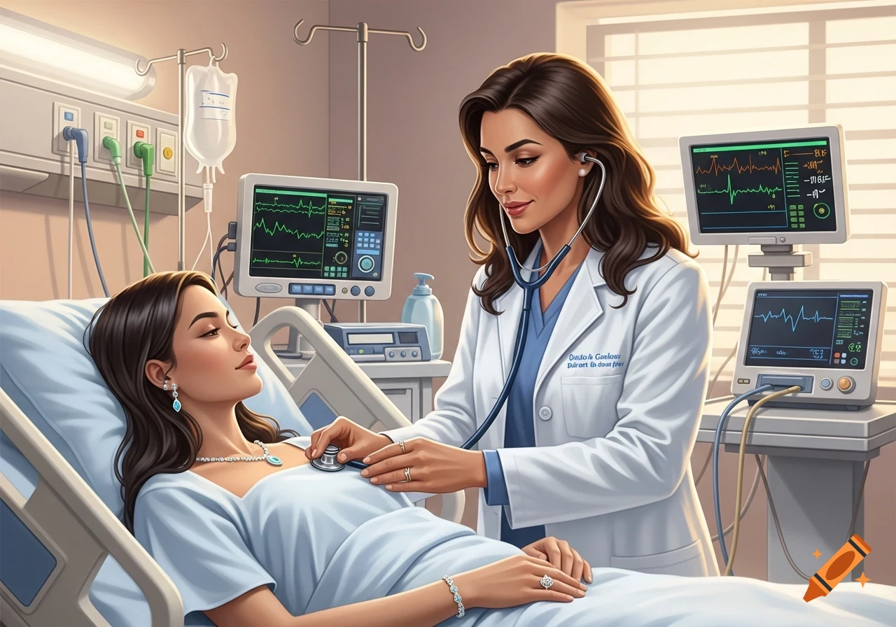 A female doctor in a white coat uses a stethoscope to examine a patient in a hospital bed with medical monitors.
