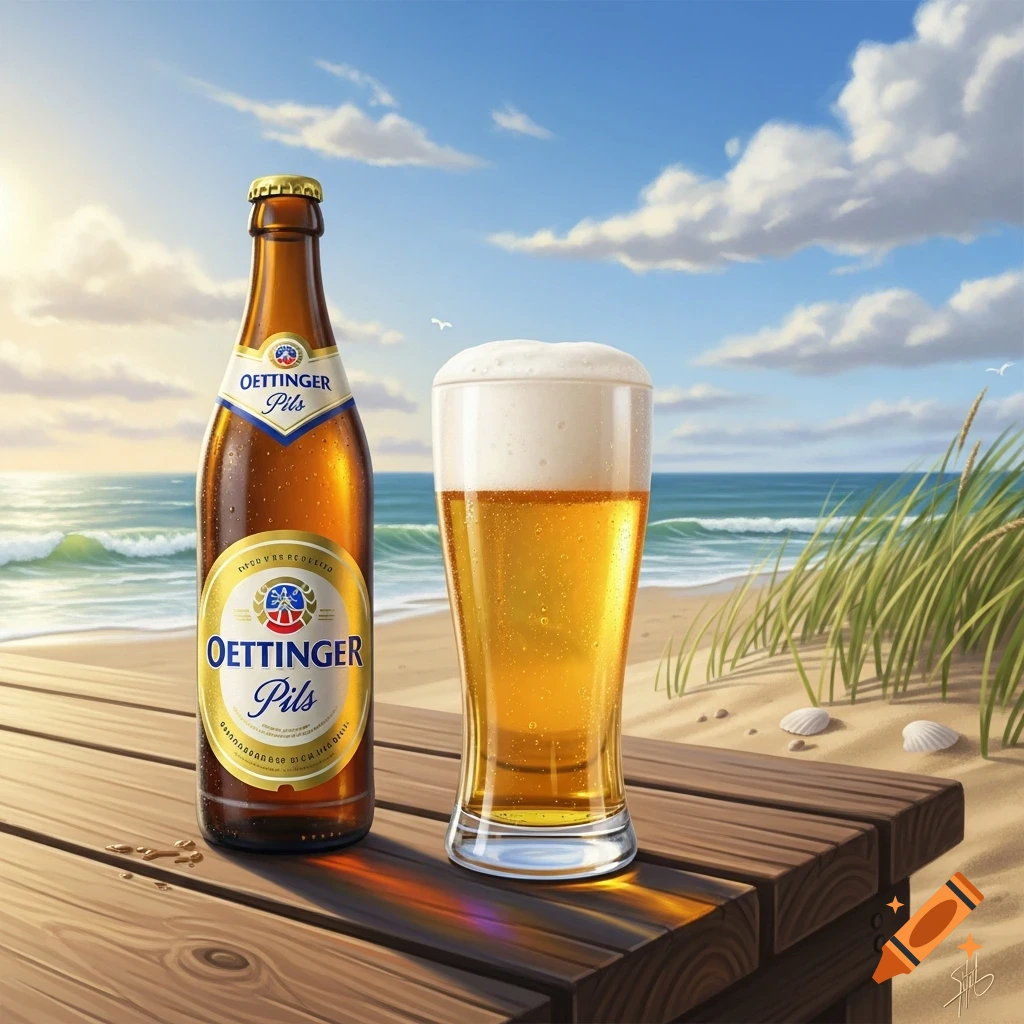 A photorealistic image of an Oettinger Pils beer bottle and a full glass of beer on a wooden table on a sunny beach, with the ocean in the background.