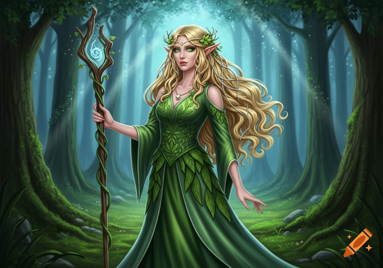 A beautiful Sylvan elf in a green dress stands in an enchanted forest, holding a glowing magical staff. Fantasy digital art.