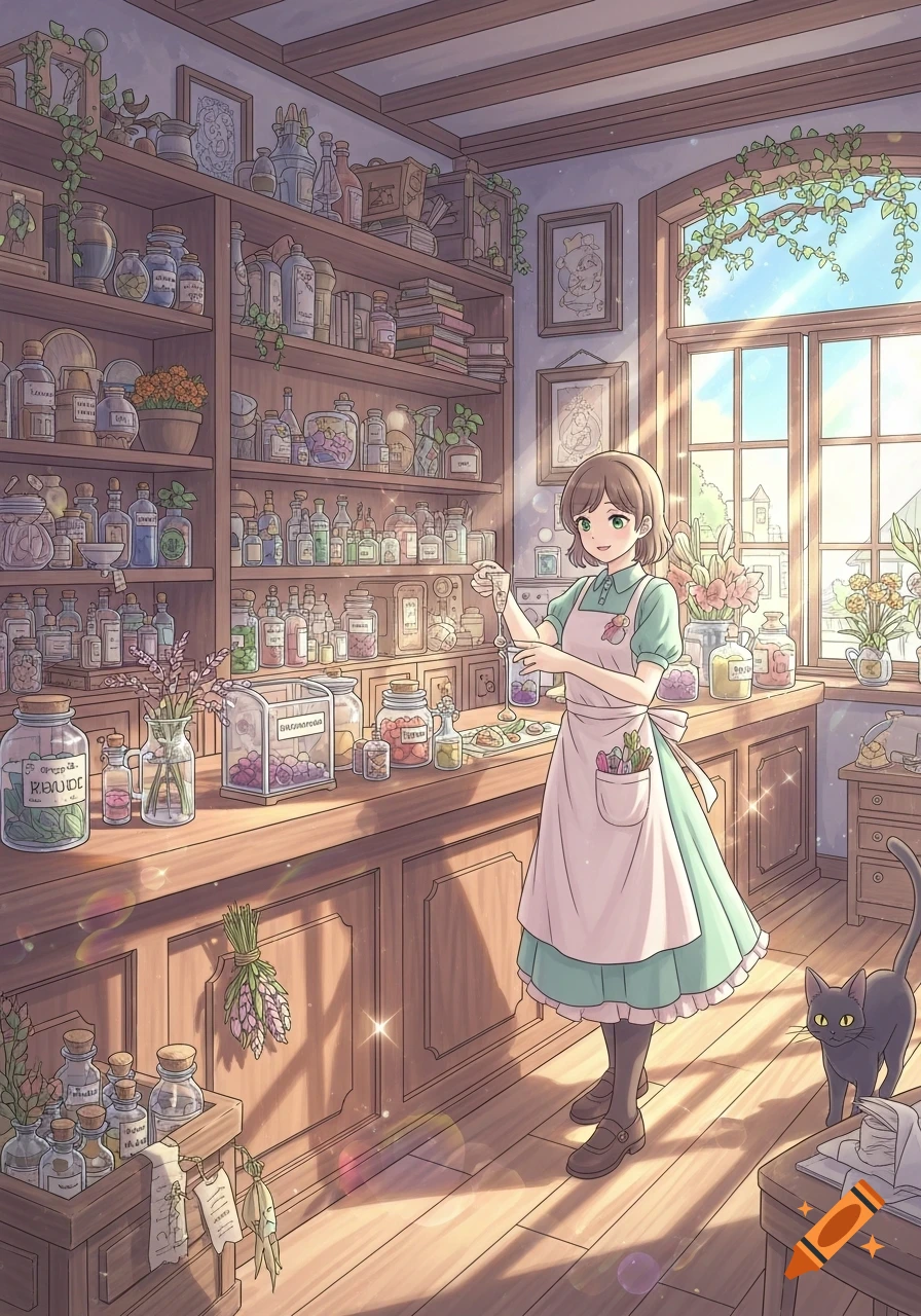 An anime girl in an apron stands behind a counter filled with bottles and jars in a sunlit apothecary shop, with a black cat on the floor.