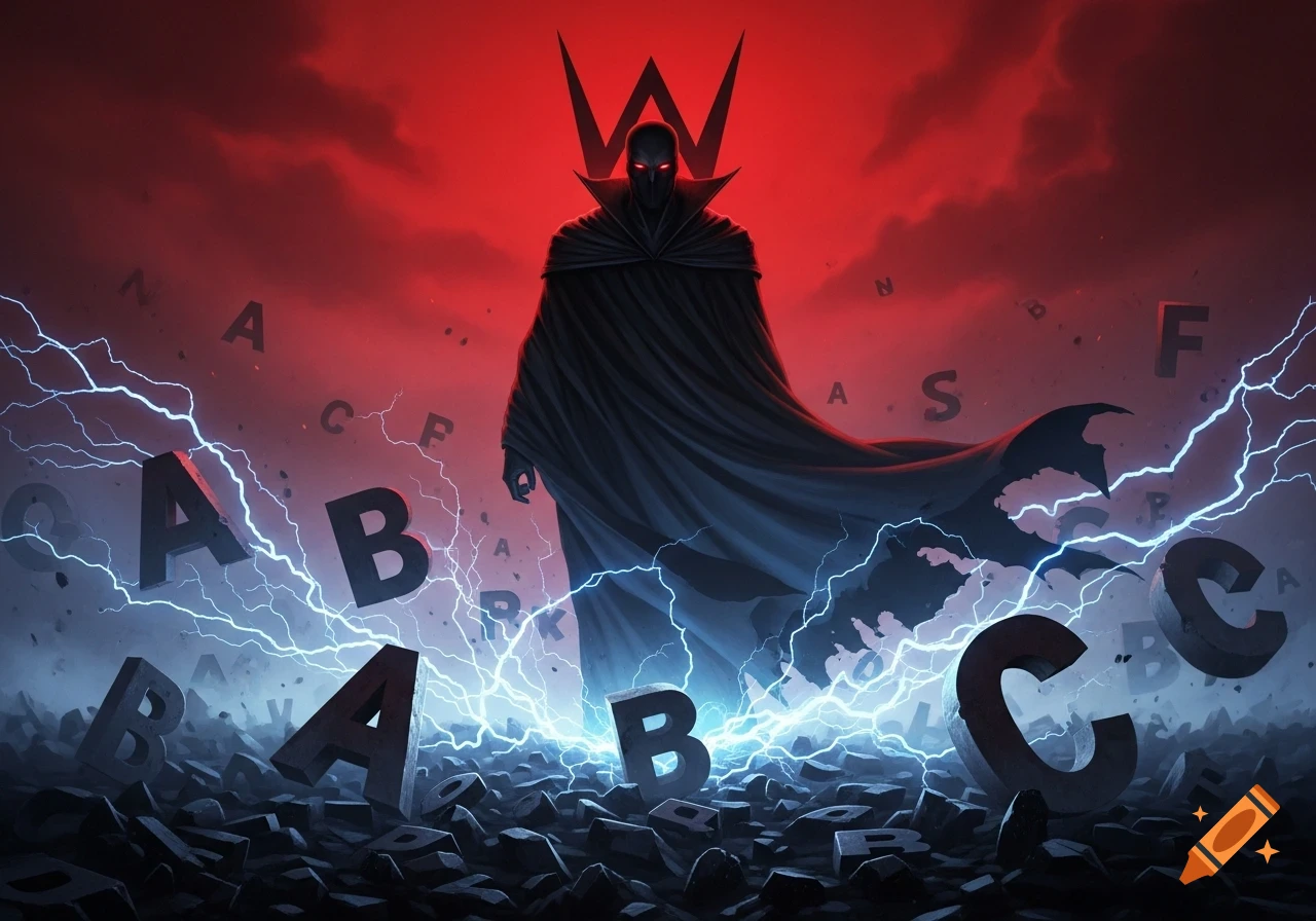 A cloaked villain with a 'W' symbol and glowing red eyes stands amidst lightning, striking large scattered alphabet letters in a stormy red sky.