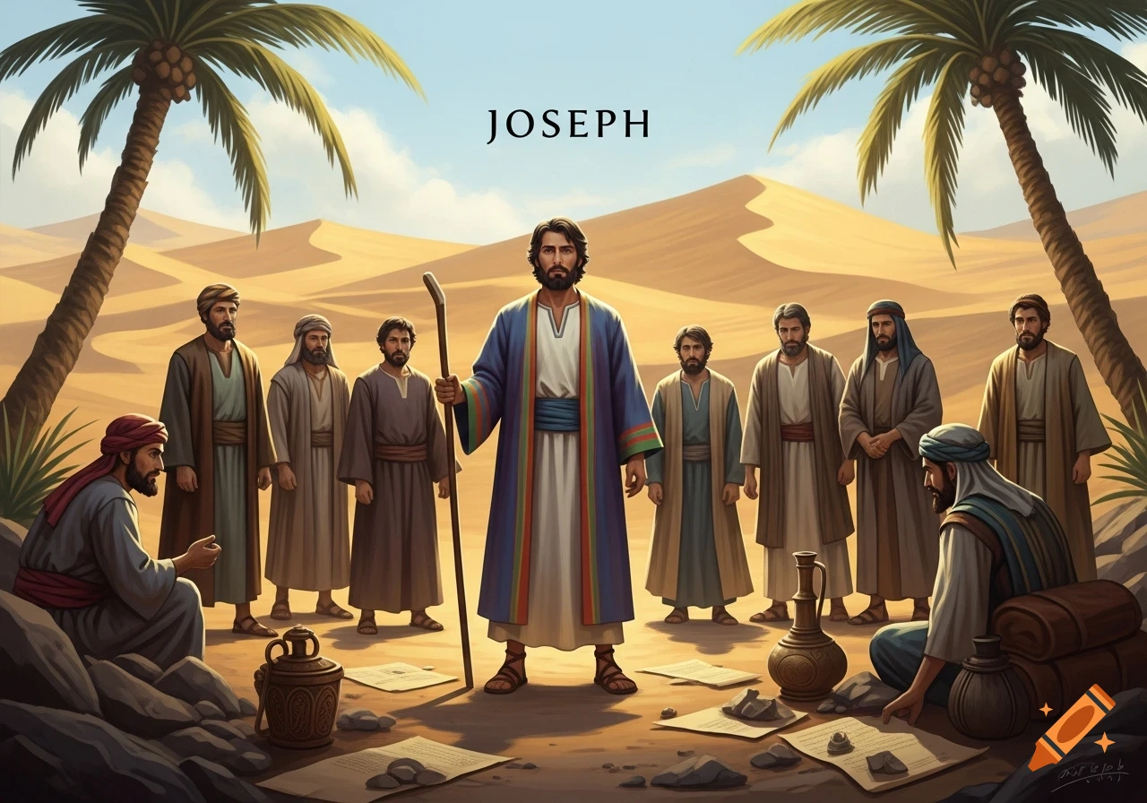 Illustration of Joseph with a staff, surrounded by men in a desert landscape with palm trees under the text 'JOSEPH'.