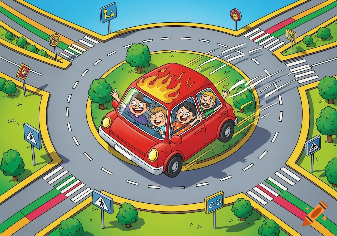 A vibrant comic-style illustration from above, showing a red car with flames, carrying four cheerful people in a roundabout.