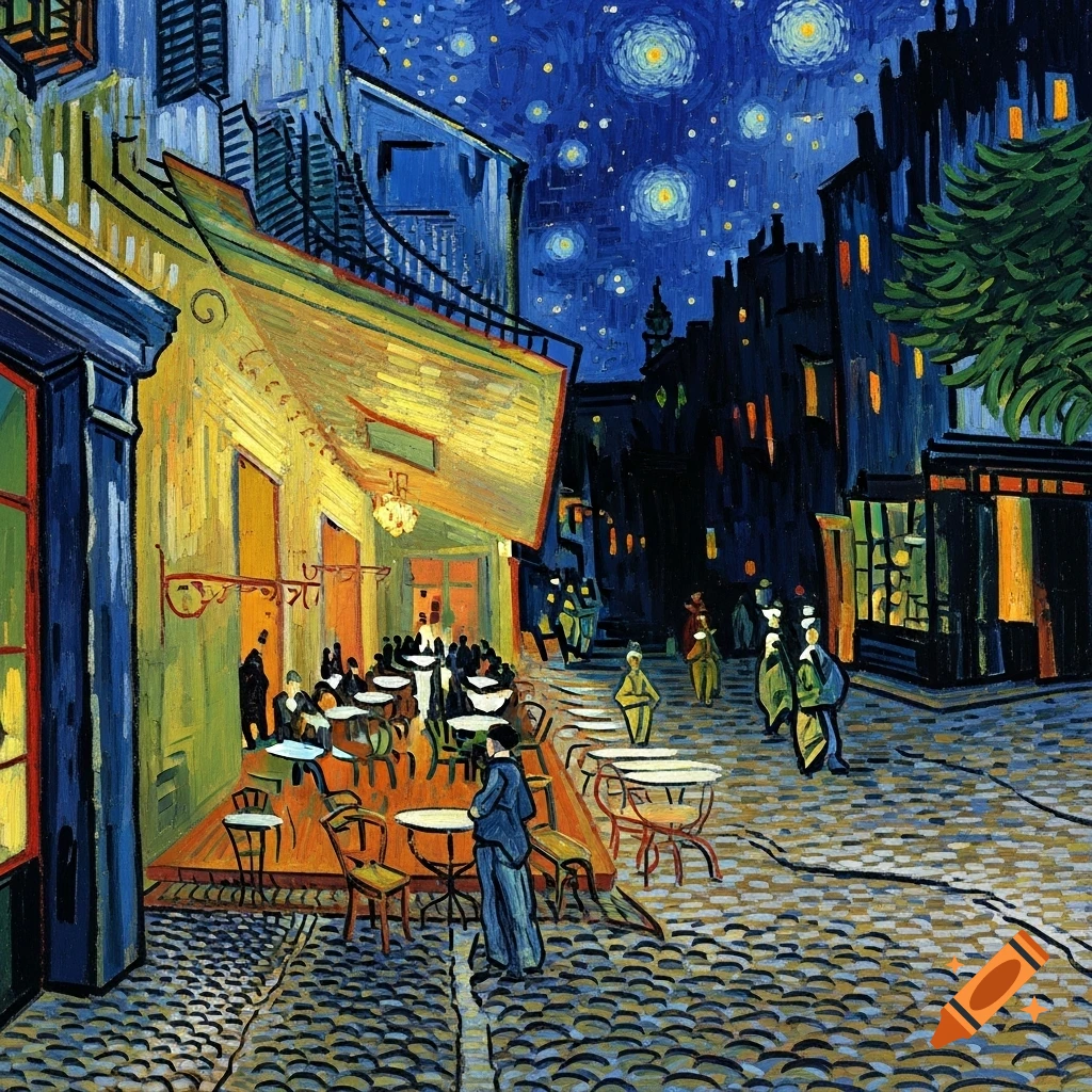 A Van Gogh-style painting of a bustling cafe terrace at night under a starry sky, with a lone figure in the foreground.