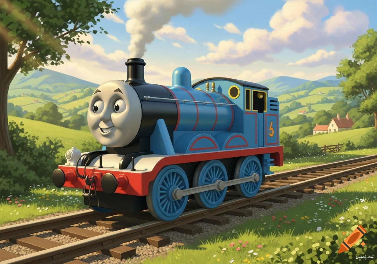 A smiling blue cartoon train, resembling Edward, on train tracks in a sunny, green countryside with rolling hills.